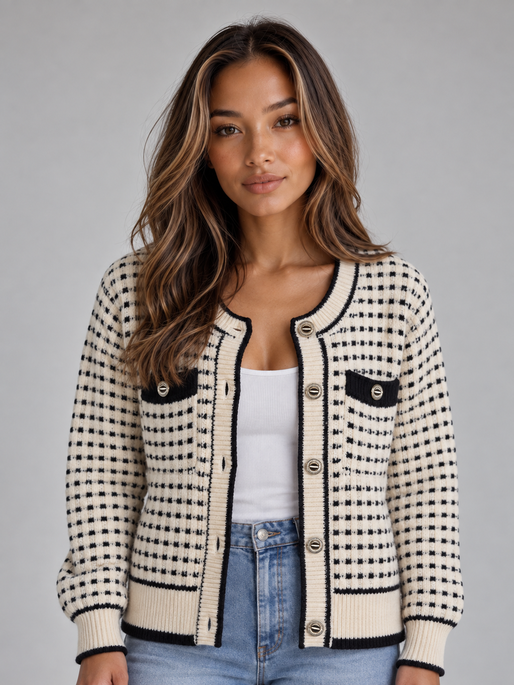 Pia | Women's Textured Knit Cardigan Button Front Contrast Trim Jumper