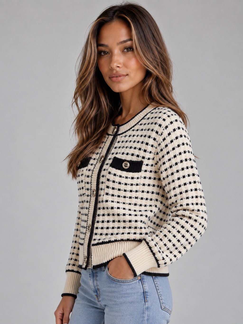 Pia | Women's Textured Knit Cardigan Button Front Contrast Trim Jumper