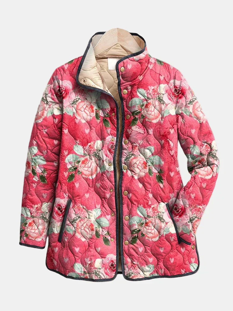 Freya | Women's Quilted Jacket, Pink Floral Print Winter Jacket - Floral