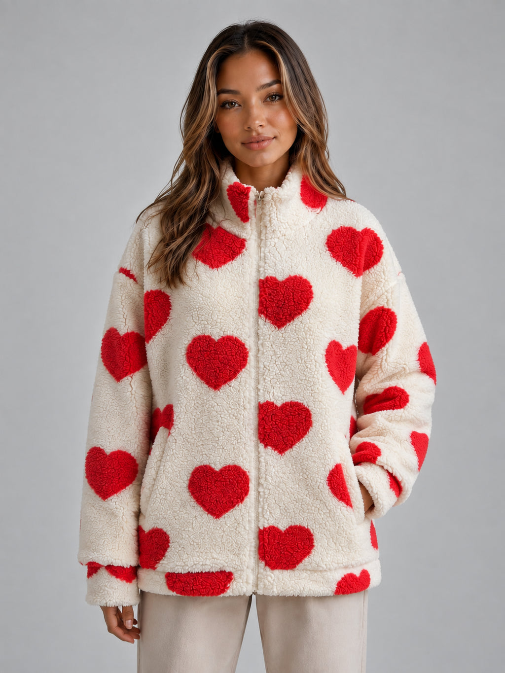 Poppy | Women's Heart Print Teddy Fleece Jacket Zip Up Relaxed Sherpa Autumn Winter