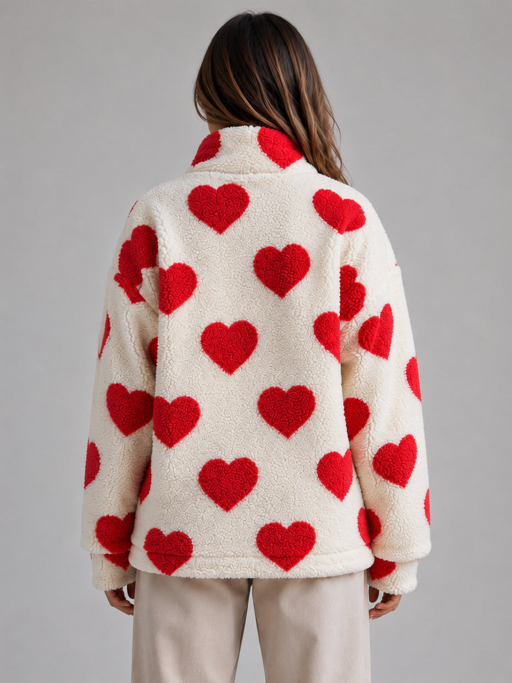 Poppy | Women's Heart Print Teddy Fleece Jacket Zip Up Relaxed Sherpa Autumn Winter