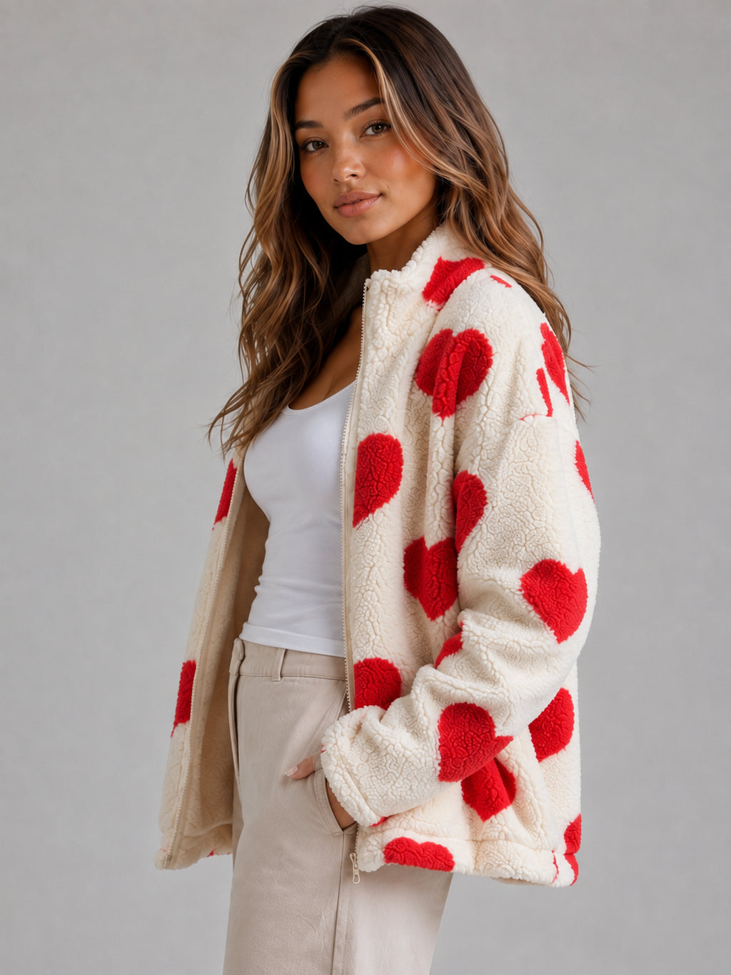 Poppy | Women's Heart Print Teddy Fleece Jacket Zip Up Relaxed Sherpa Autumn Winter