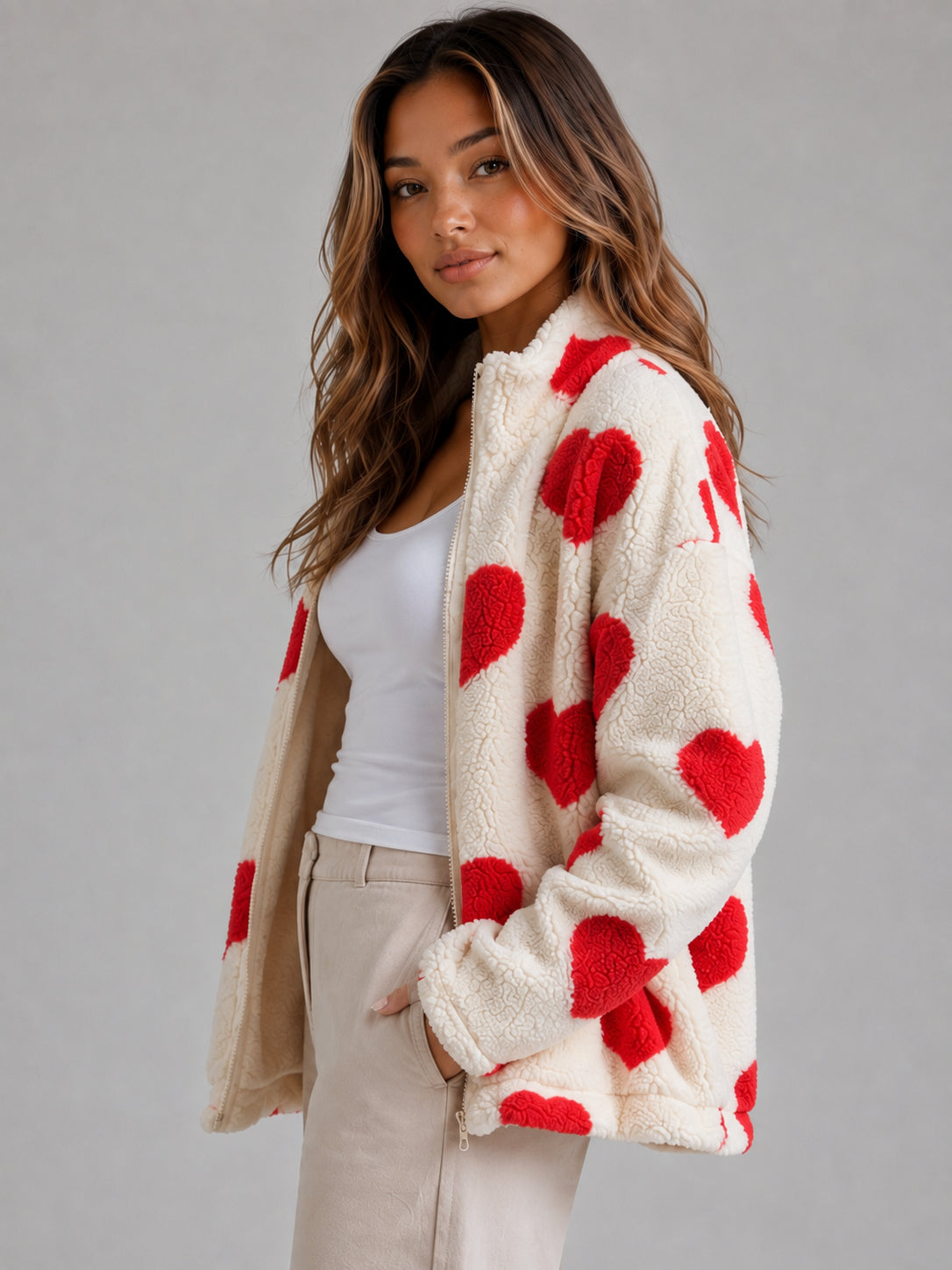 Poppy | Women's Heart Print Teddy Fleece Jacket Zip Up Relaxed Sherpa Autumn Winter