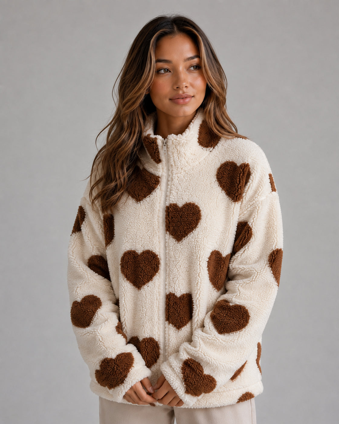 Poppy | Women's Heart Print Teddy Fleece Jacket Zip Up Relaxed Sherpa Autumn Winter