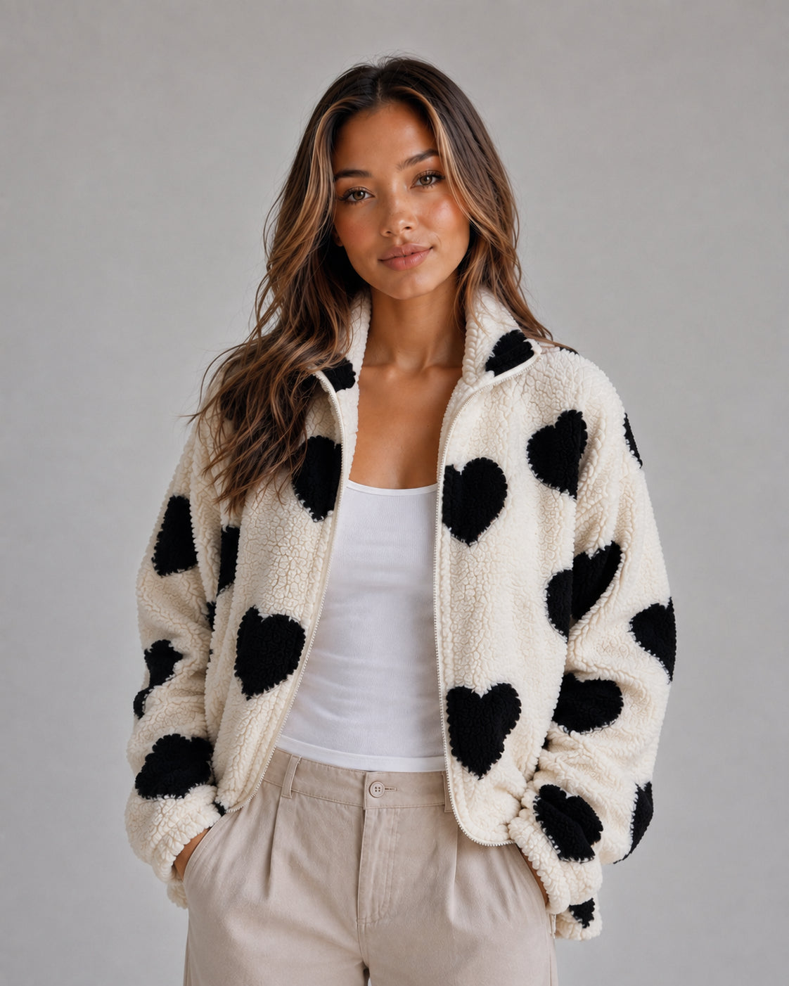 Poppy | Women's Heart Print Teddy Fleece Jacket Zip Up Relaxed Sherpa Autumn Winter