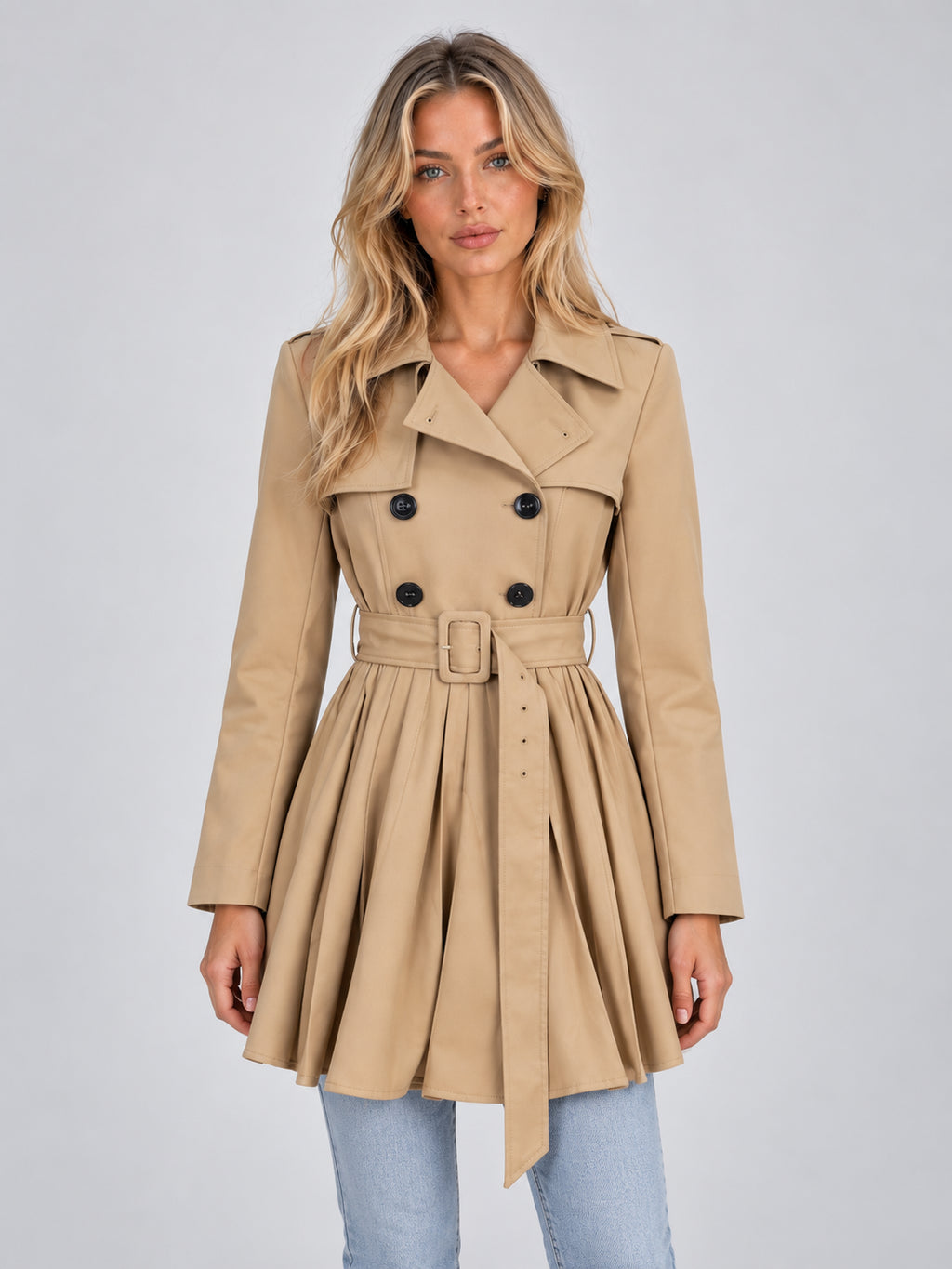Priscilla | Women's Pleated Skirt Trench Coat Double Breasted Belted Autumn