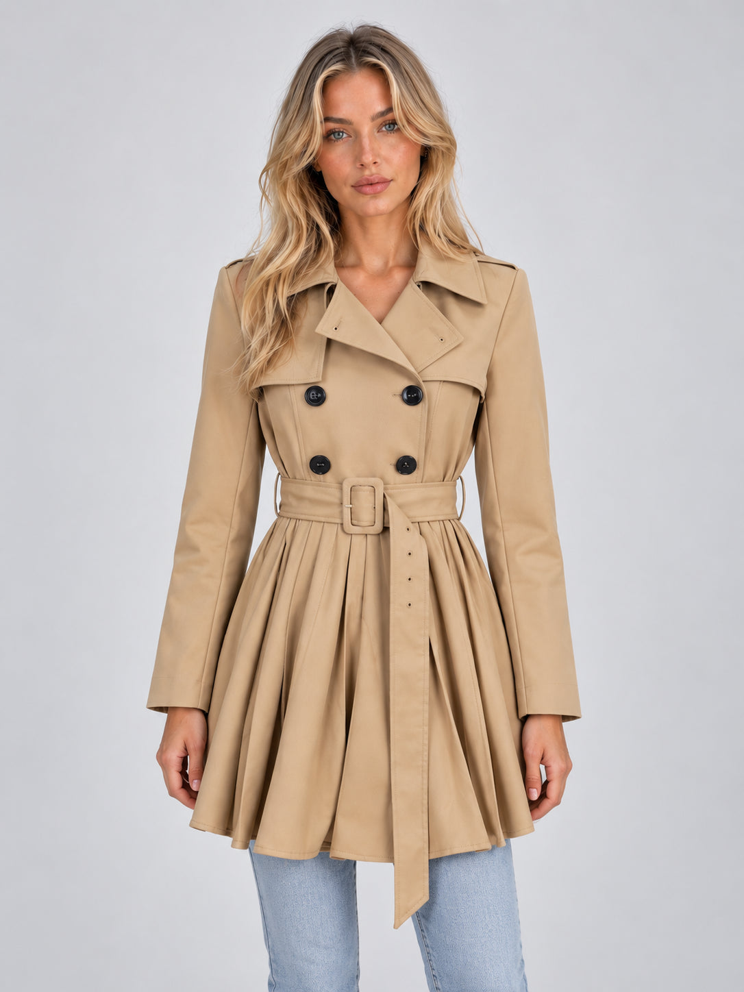 Priscilla | Women's Pleated Skirt Trench Coat Double Breasted Belted Autumn