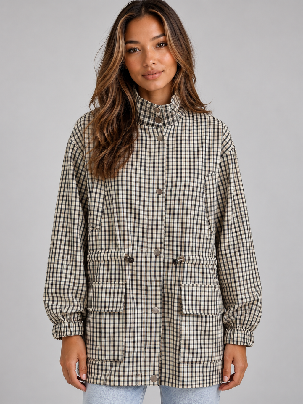 Quinn | Women's Checked Utility Jacket High Neck Drawstring Field Coat