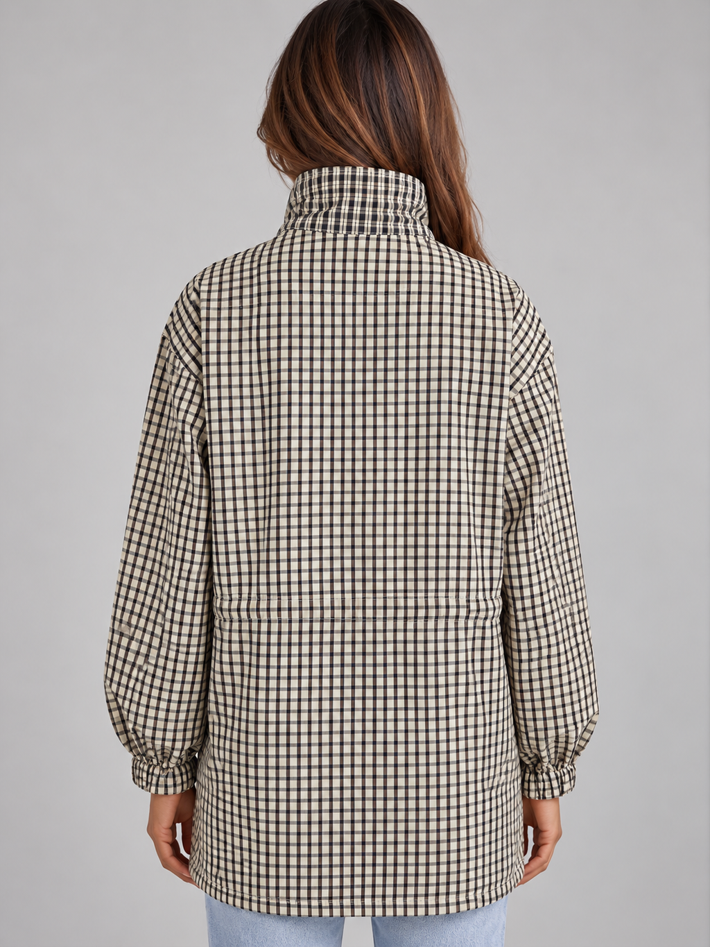 Quinn | Women's Checked Utility Jacket High Neck Drawstring Field Coat