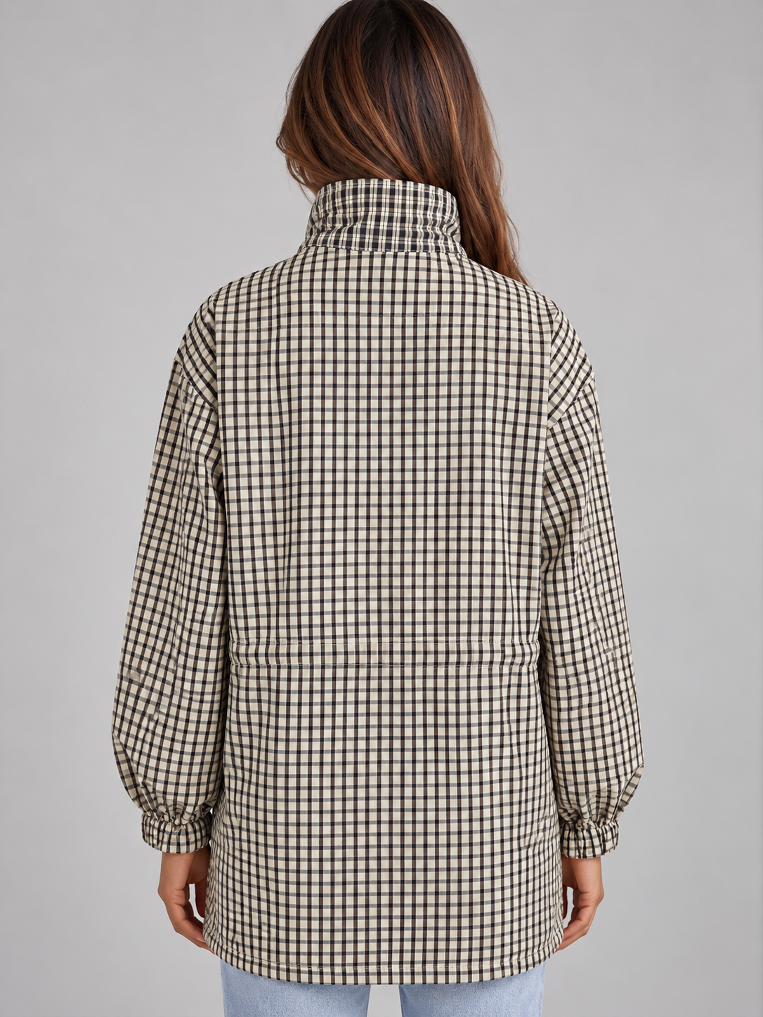 Quinn | Women's Checked Utility Jacket High Neck Drawstring Field Coat