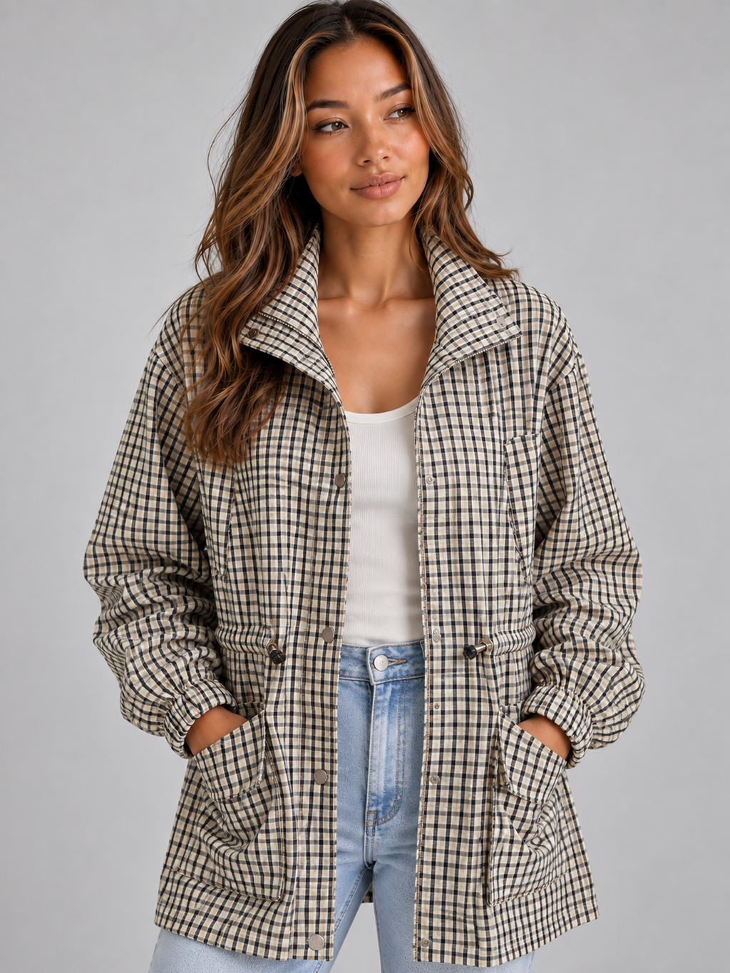 Quinn | Women's Checked Utility Jacket High Neck Drawstring Field Coat