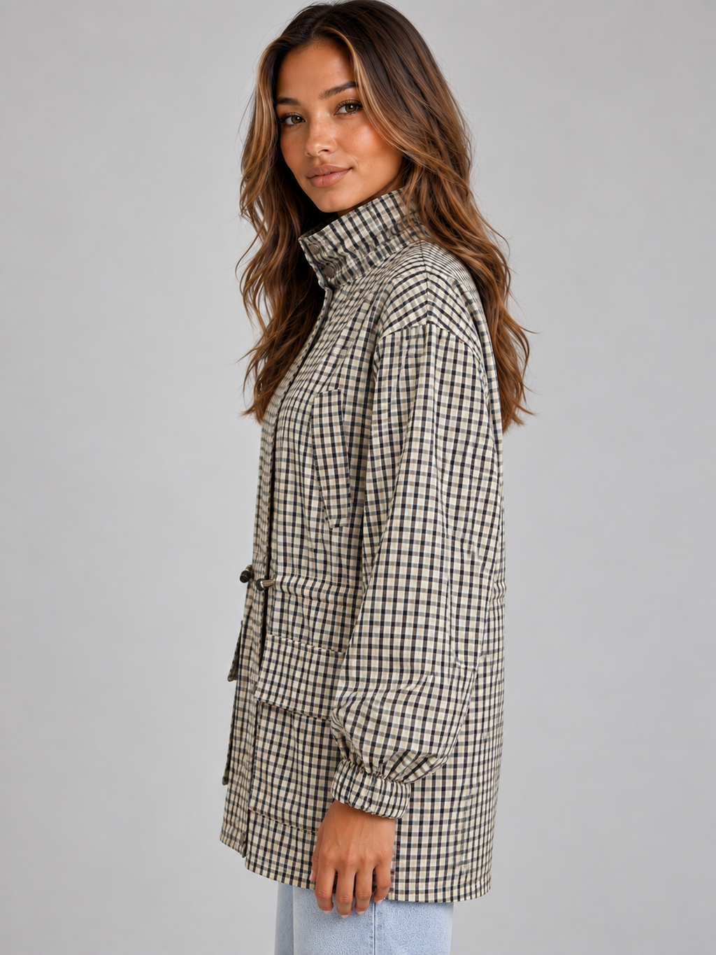 Quinn | Women's Checked Utility Jacket High Neck Drawstring Field Coat