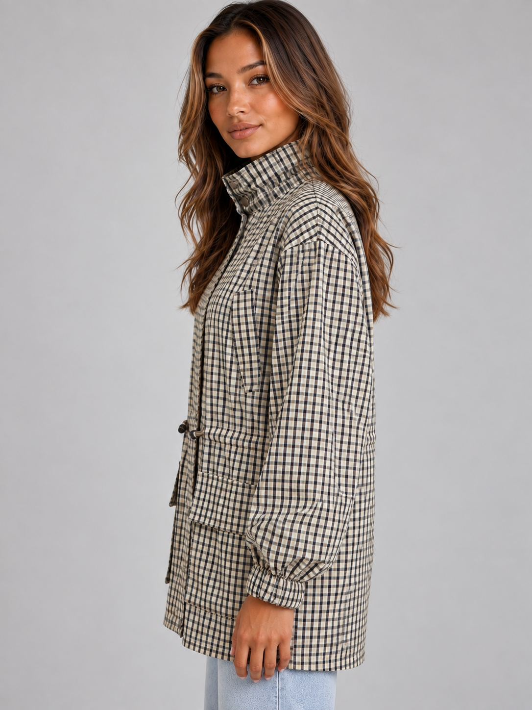 Quinn | Women's Checked Utility Jacket High Neck Drawstring Field Coat