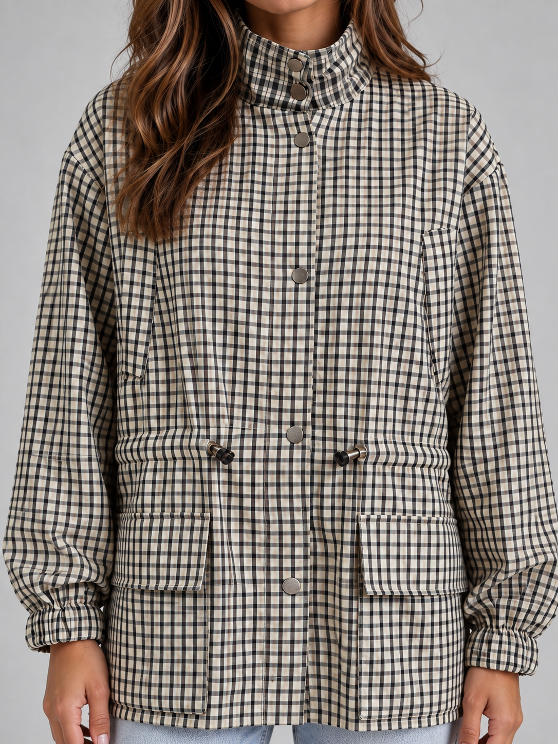 Quinn | Women's Checked Utility Jacket High Neck Drawstring Field Coat