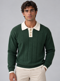 Rafael | Men's Ribbed Knit Polo Jumper Contrast Collar Button Neck Sweater