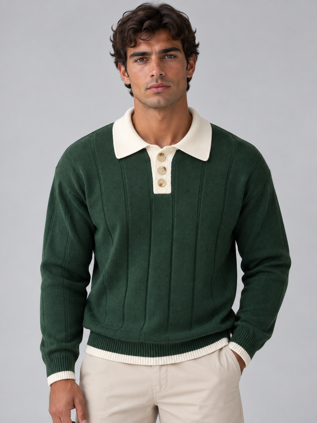 Rafael | Men's Ribbed Knit Polo Jumper Contrast Collar Button Neck Sweater