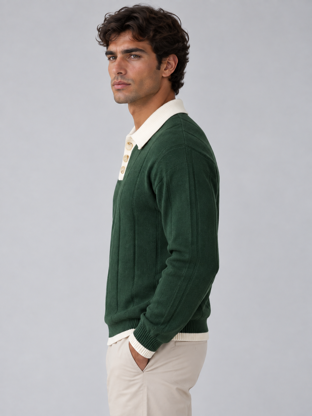 Rafael | Men's Ribbed Knit Polo Jumper Contrast Collar Button Neck Sweater