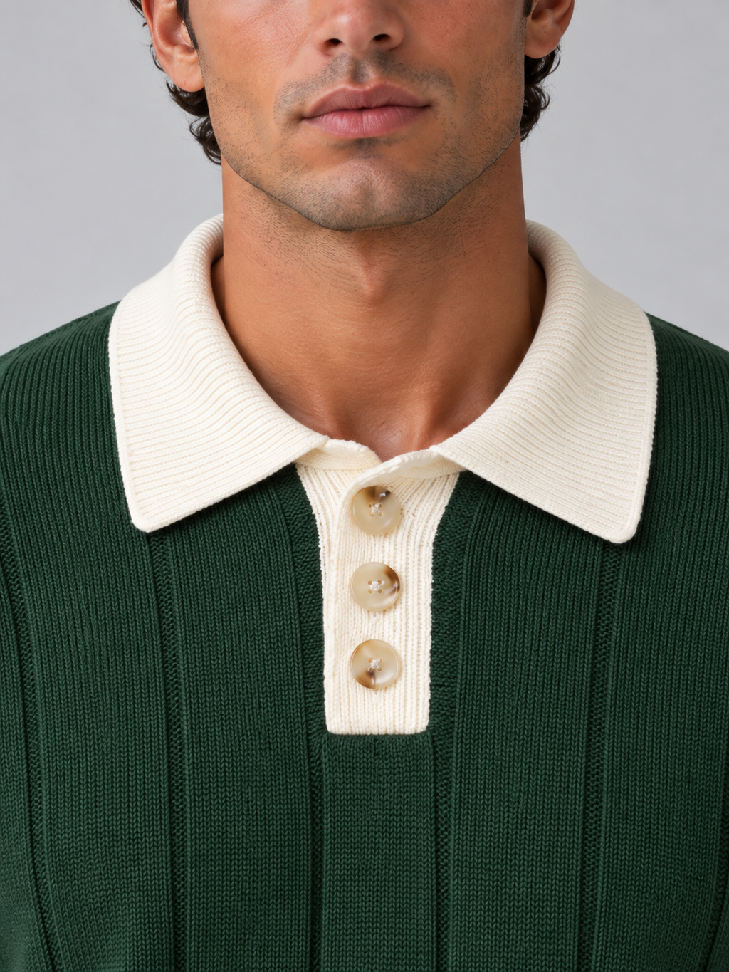 Rafael | Men's Ribbed Knit Polo Jumper Contrast Collar Button Neck Sweater