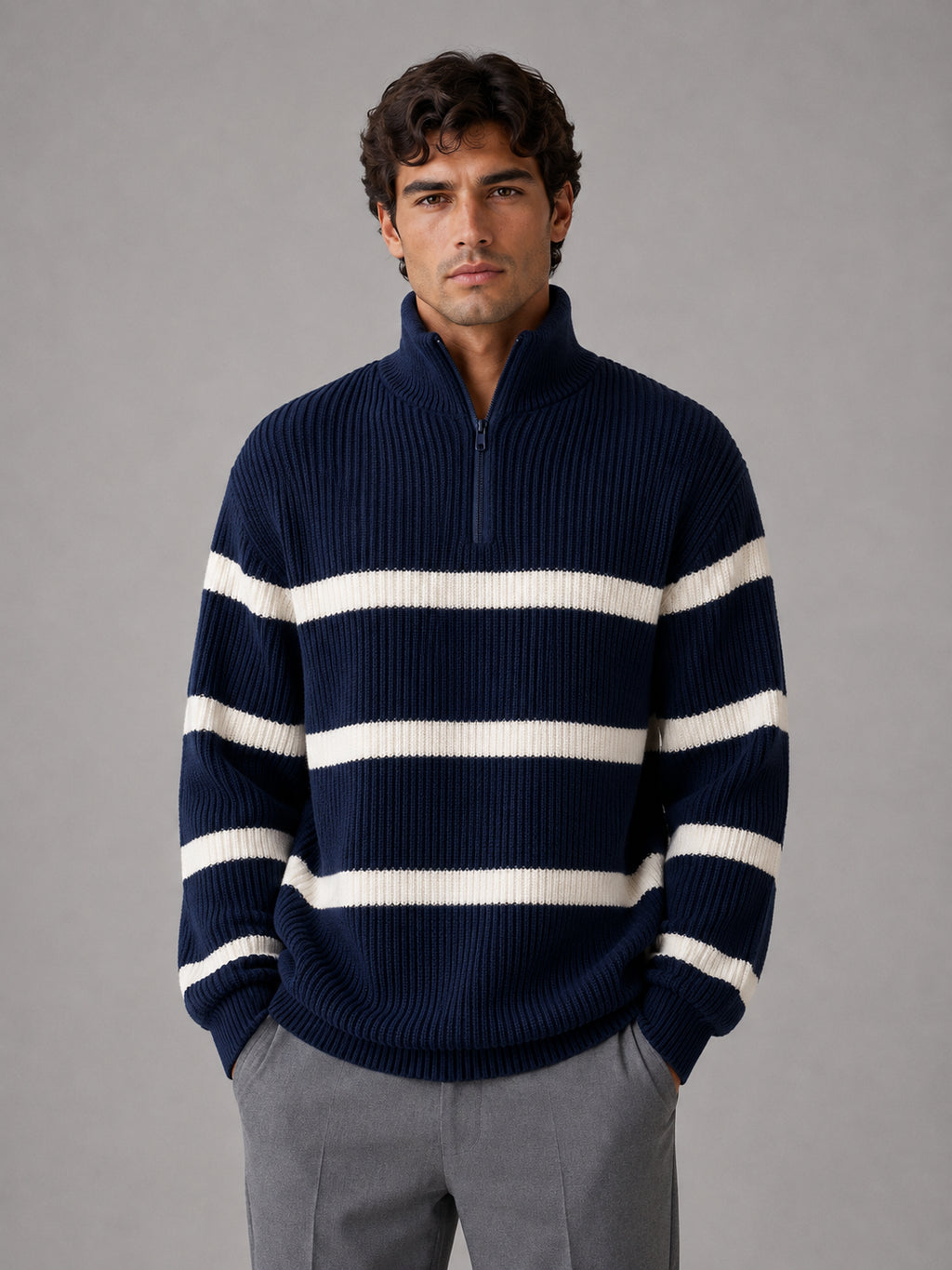 Rowan | Men's Striped Half Zip Jumper Oversized Ribbed Knit Casual Autumn Winter