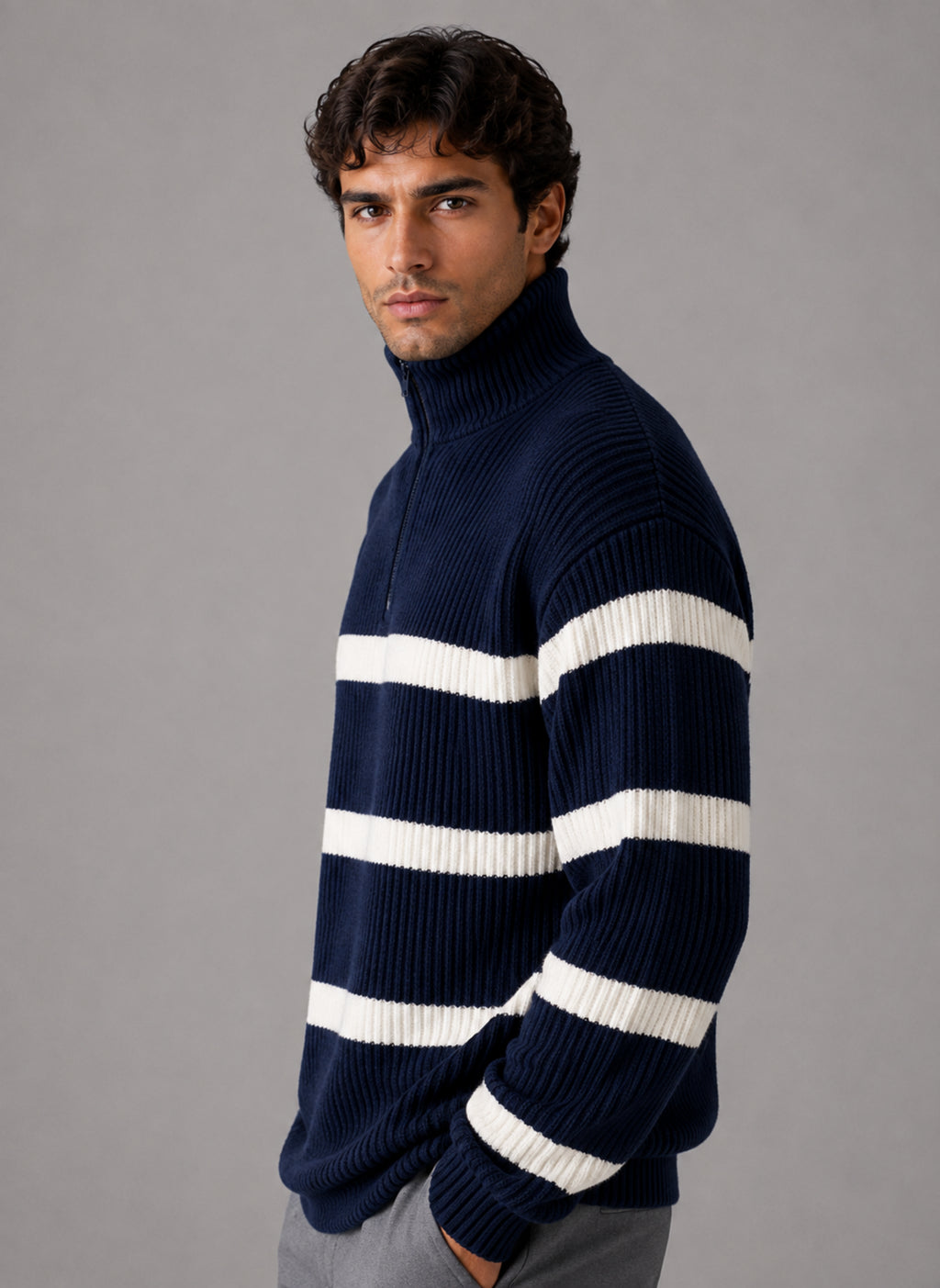Rowan | Men's Striped Half Zip Jumper Oversized Ribbed Knit Casual Autumn Winter