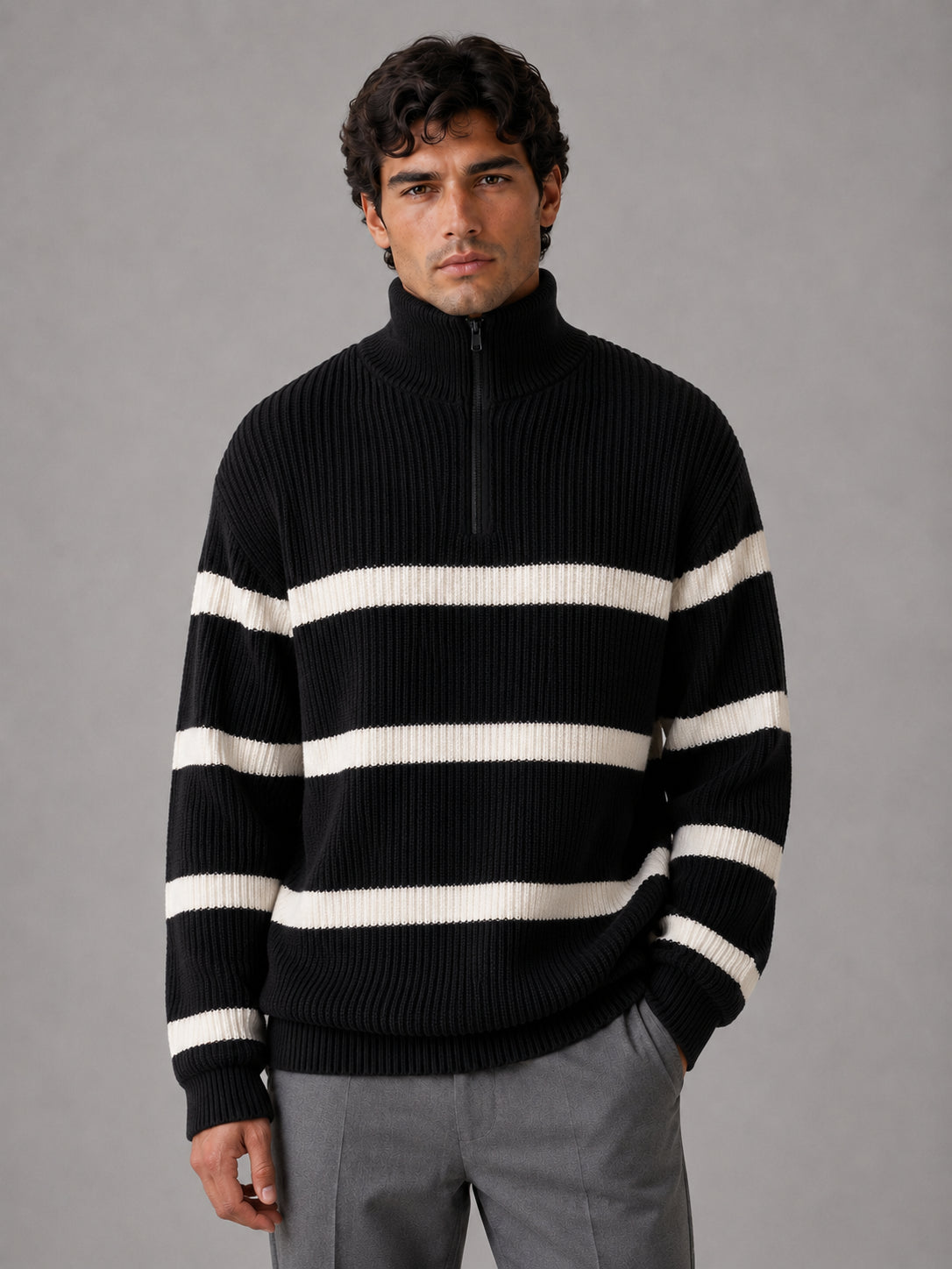Rowan | Men's Striped Half Zip Jumper Oversized Ribbed Knit Casual Autumn Winter