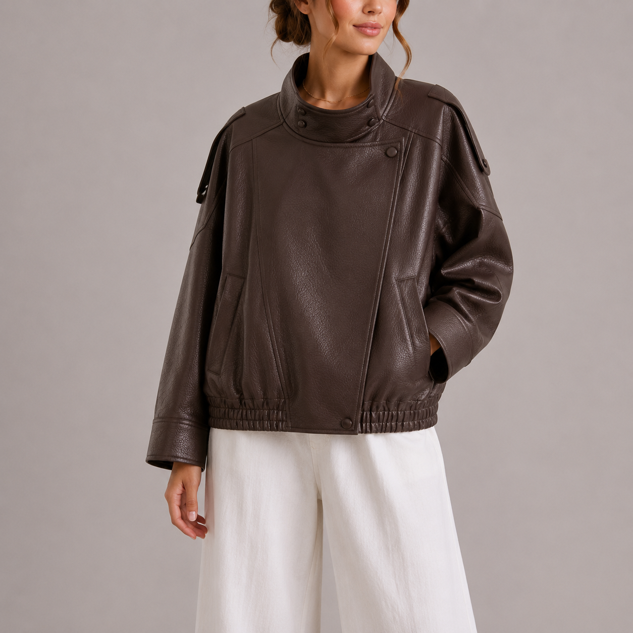 Robin | Women's Faux Leather Bomber Jacket, High Collar Winter Jacket