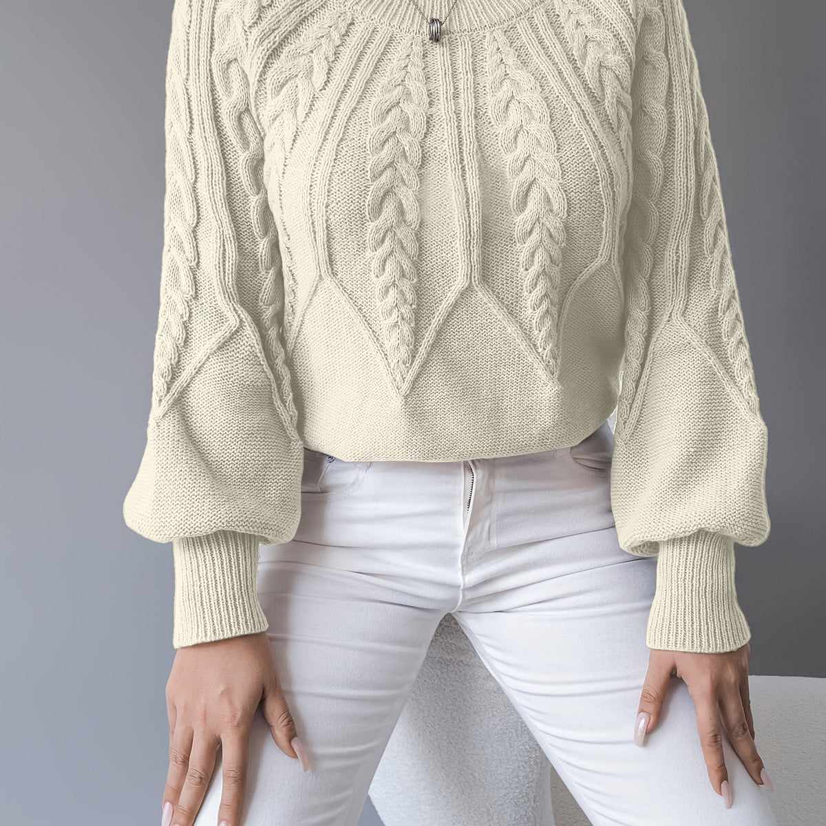 Sabine | Women's Cable Knit Sweater Lantern Sleeve Chunky Casual Winter