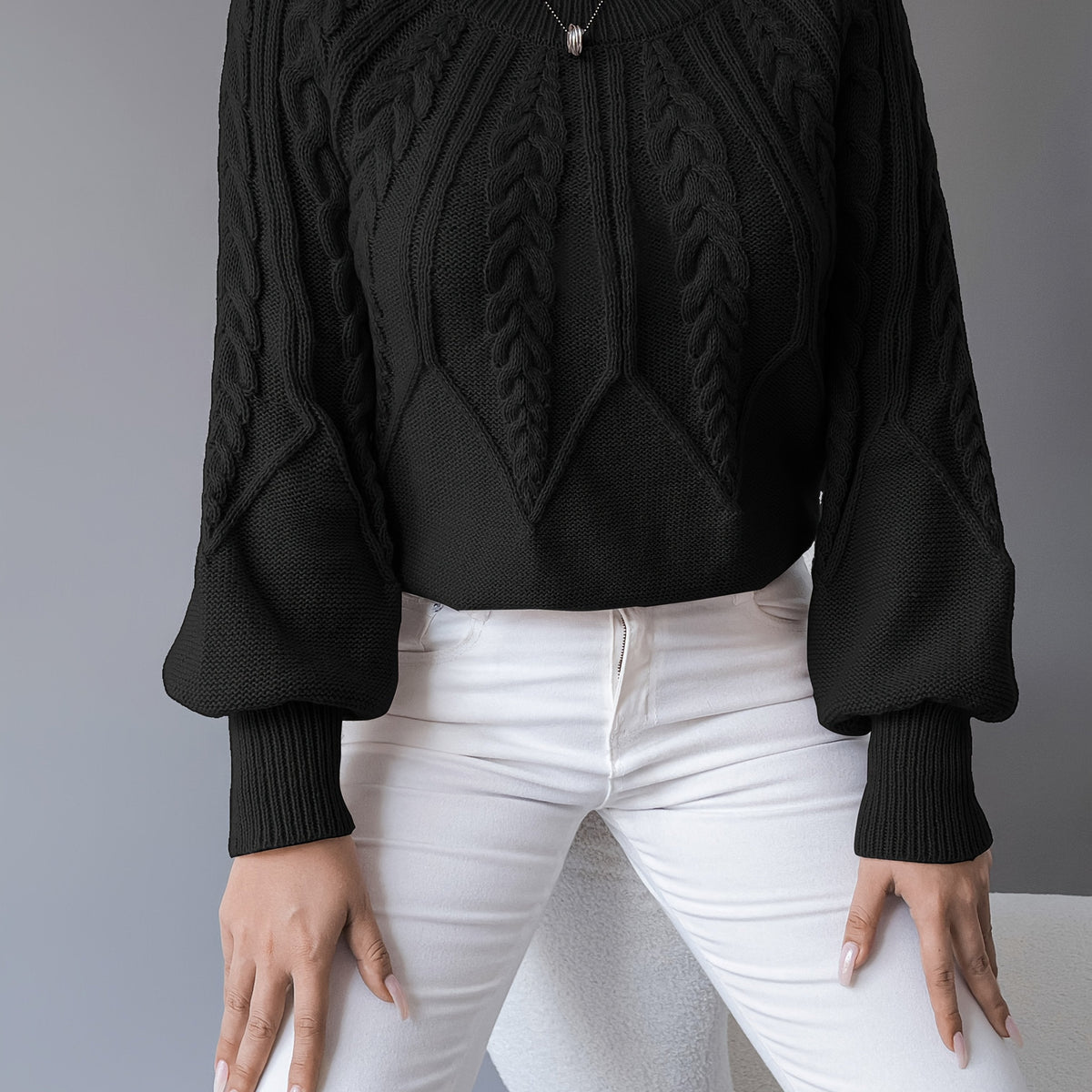 Sabine | Women's Cable Knit Sweater Lantern Sleeve Chunky Casual Winter