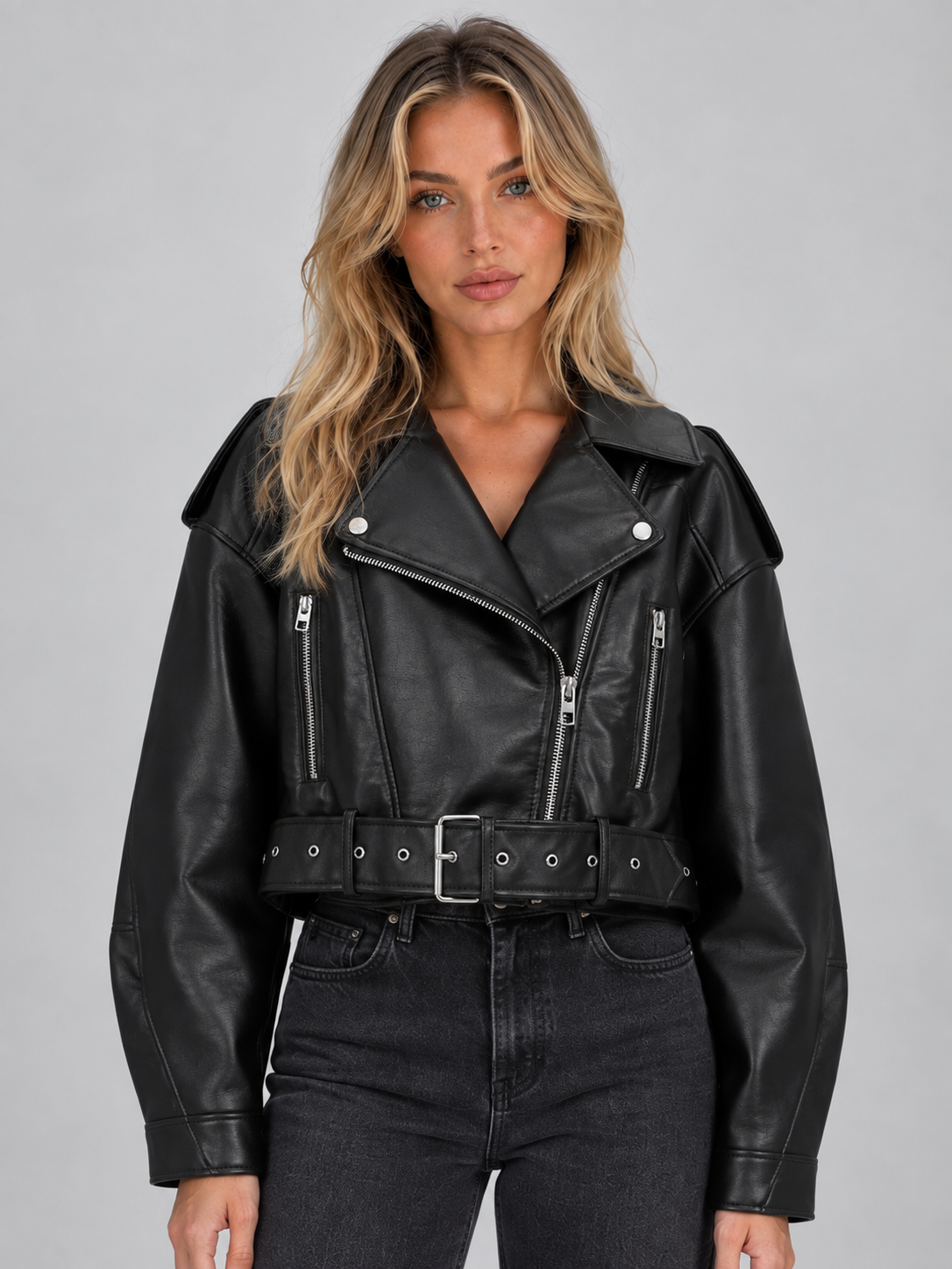 Saskia | Women's Cropped Biker Jacket Belted Zip Motorcycle Style