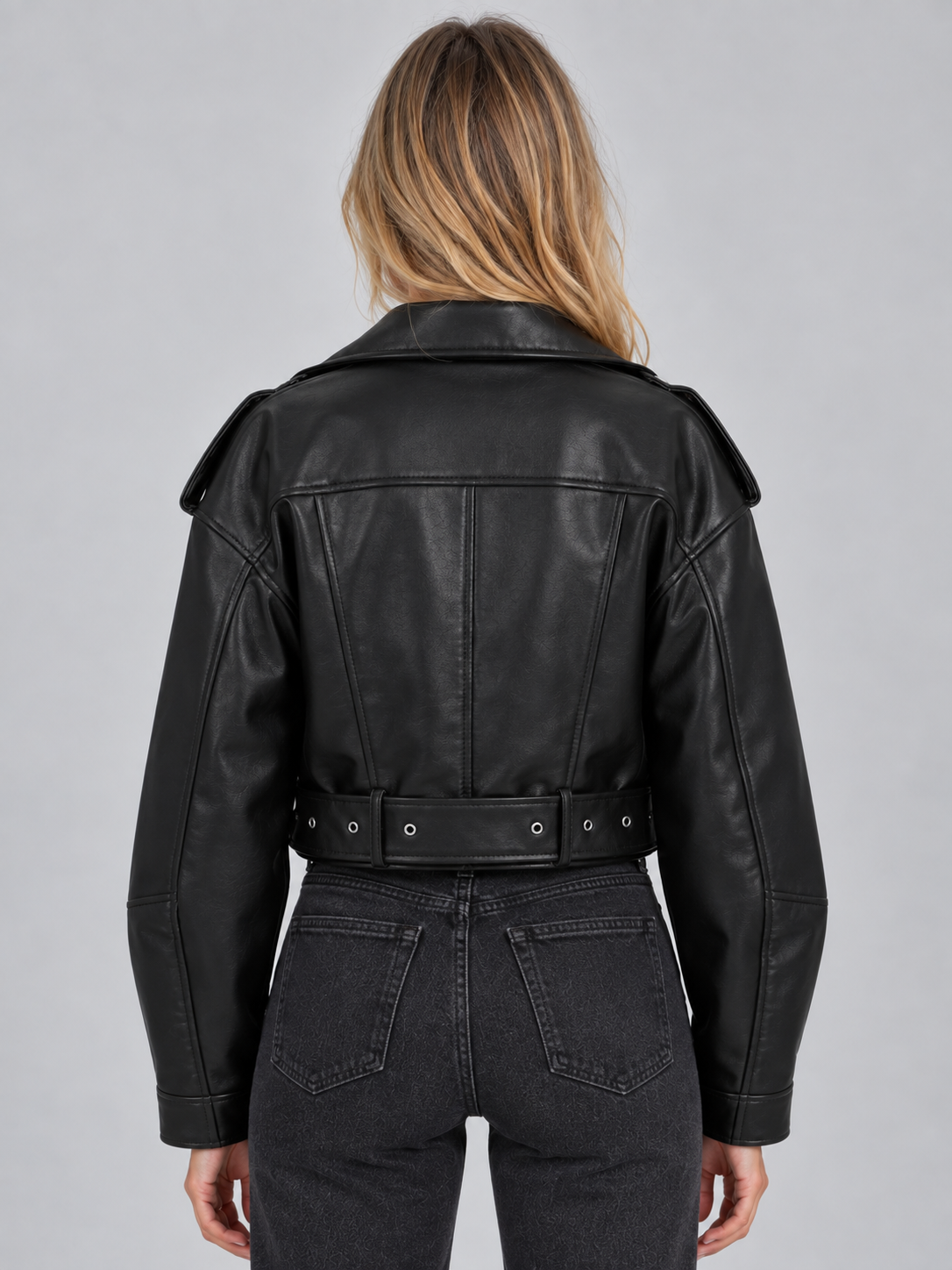 Saskia | Women's Cropped Biker Jacket Belted Zip Motorcycle Style
