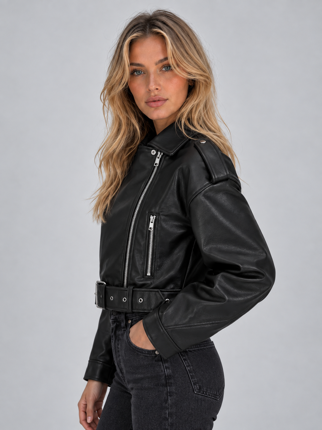 Saskia | Women's Cropped Biker Jacket Belted Zip Motorcycle Style