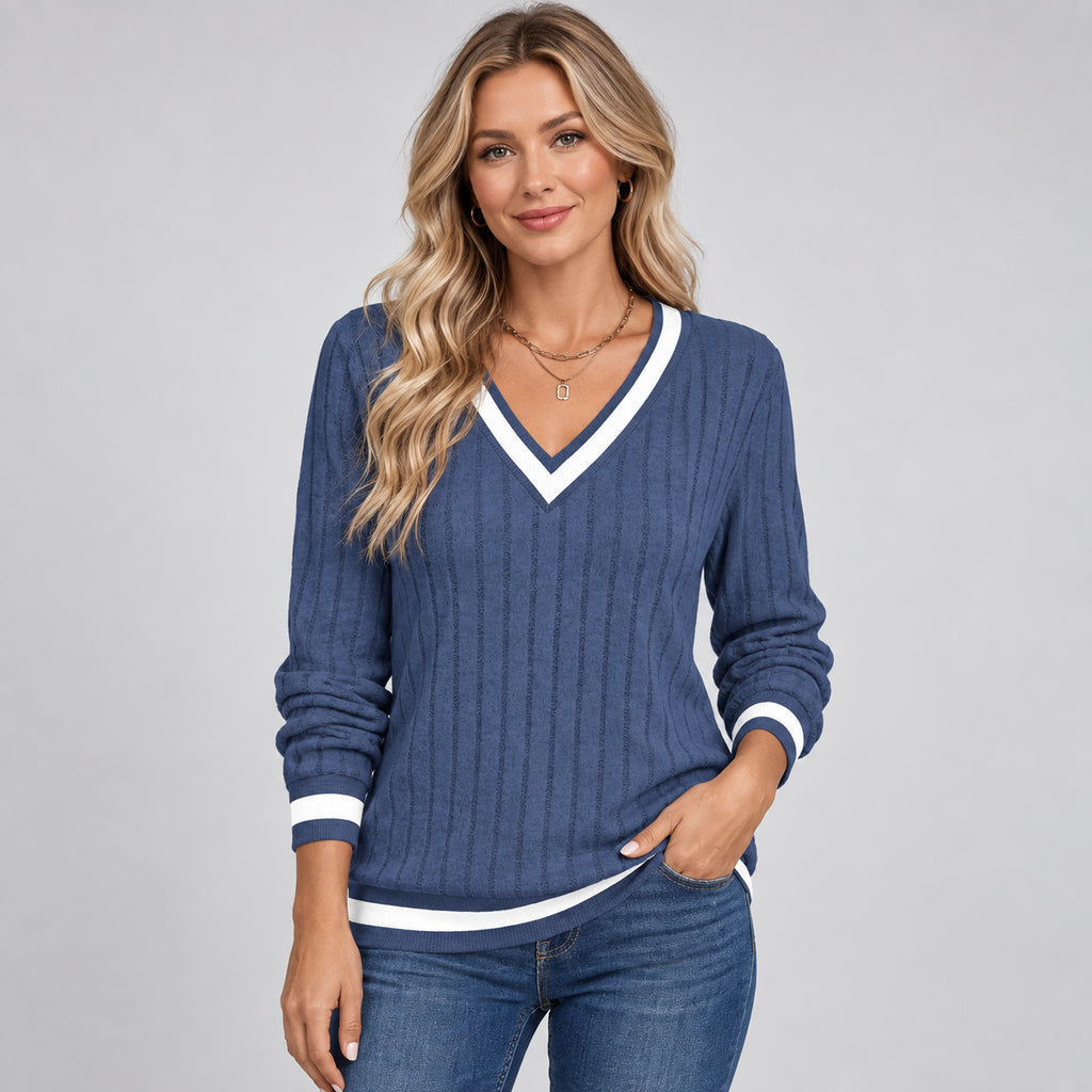 Seraphine | Women's V Neck Ribbed Jumper Contrast Trim Autumn Winter