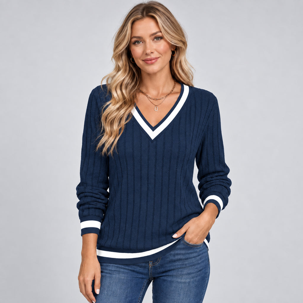 Seraphine | Women's V Neck Ribbed Jumper Contrast Trim Autumn Winter