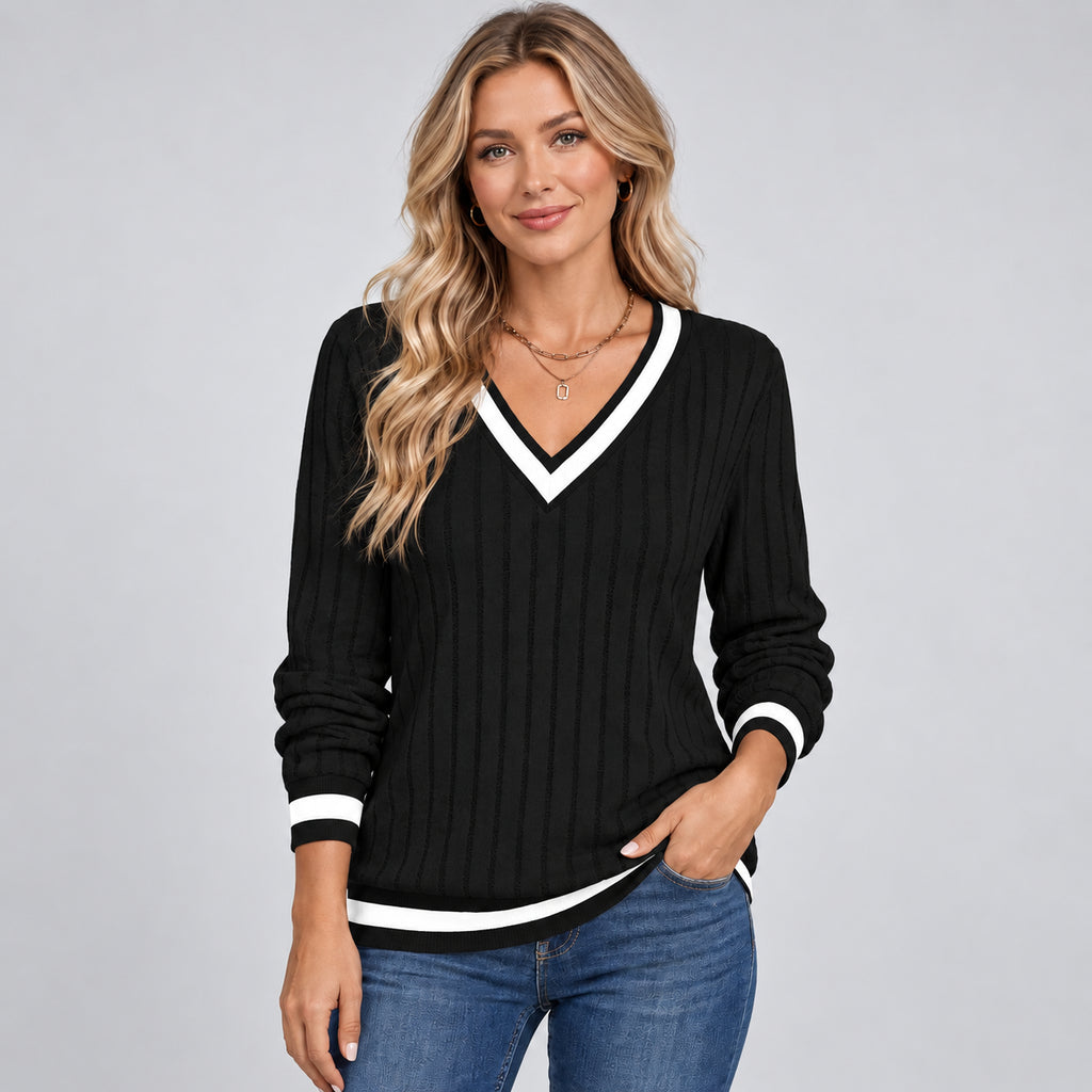 Seraphine | Women's V Neck Ribbed Jumper Contrast Trim Autumn Winter
