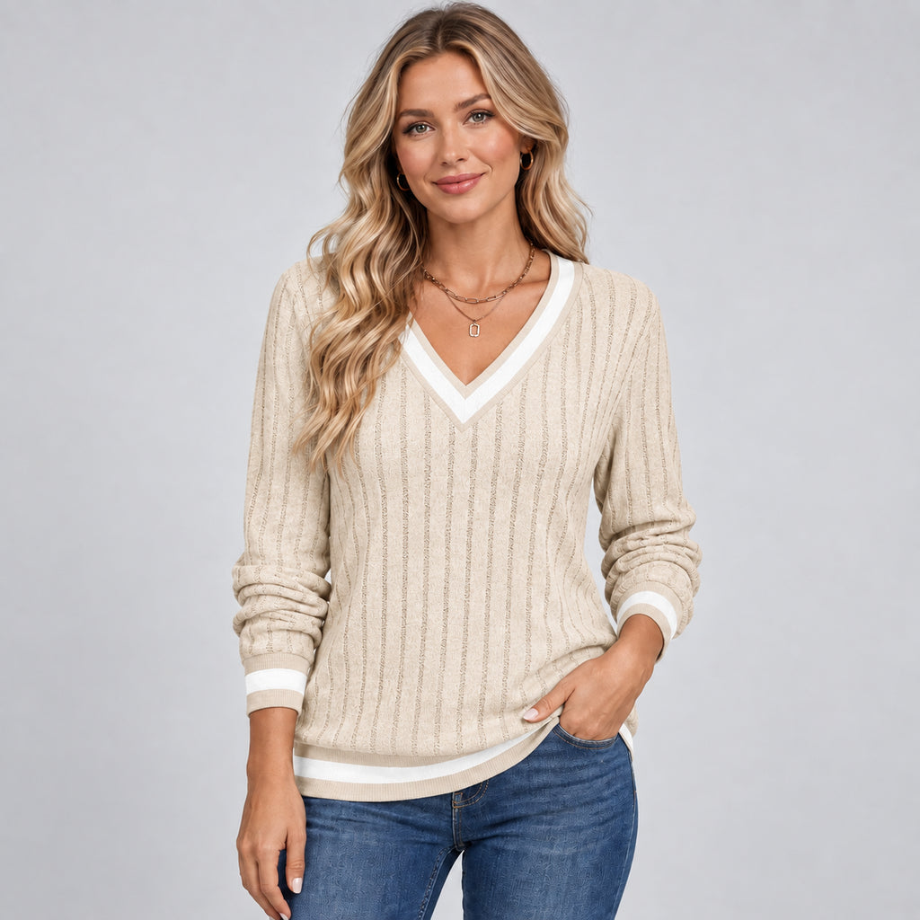 Seraphine | Women's V Neck Ribbed Jumper Contrast Trim Autumn Winter