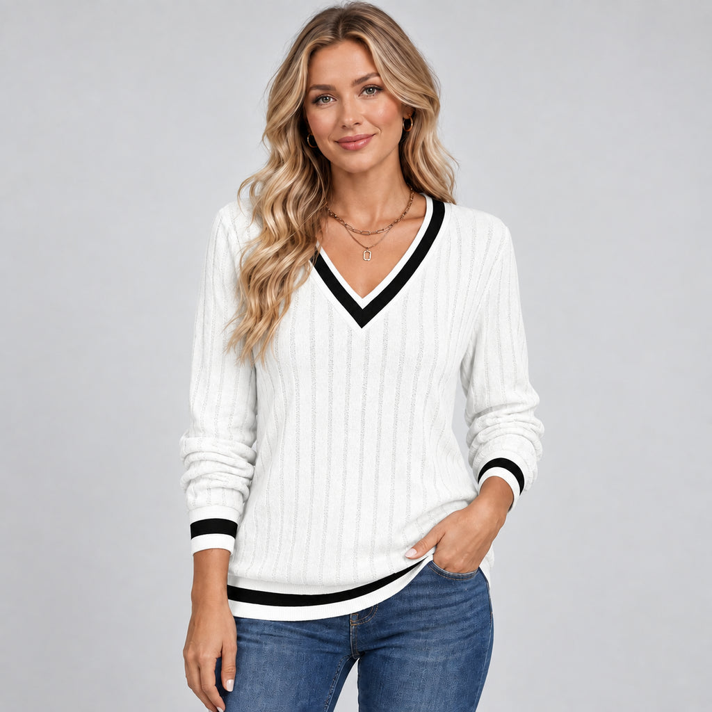 Seraphine | Women's V Neck Ribbed Jumper Contrast Trim Autumn Winter