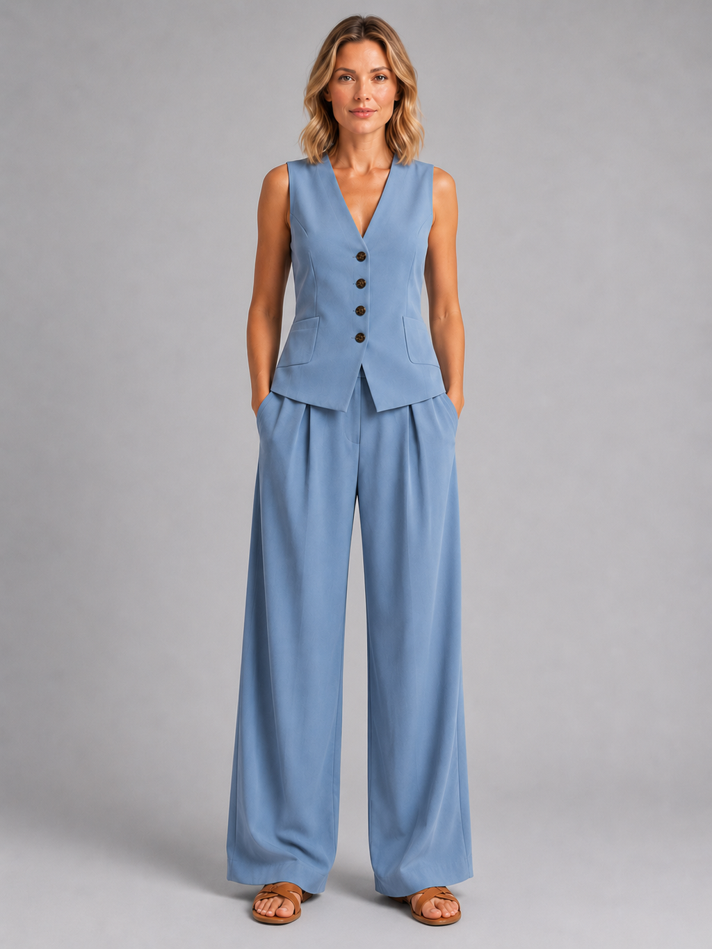 Livia | Women's Sleeveless Waistcoat Two-Piece Set, Wide-Leg Co-Ord