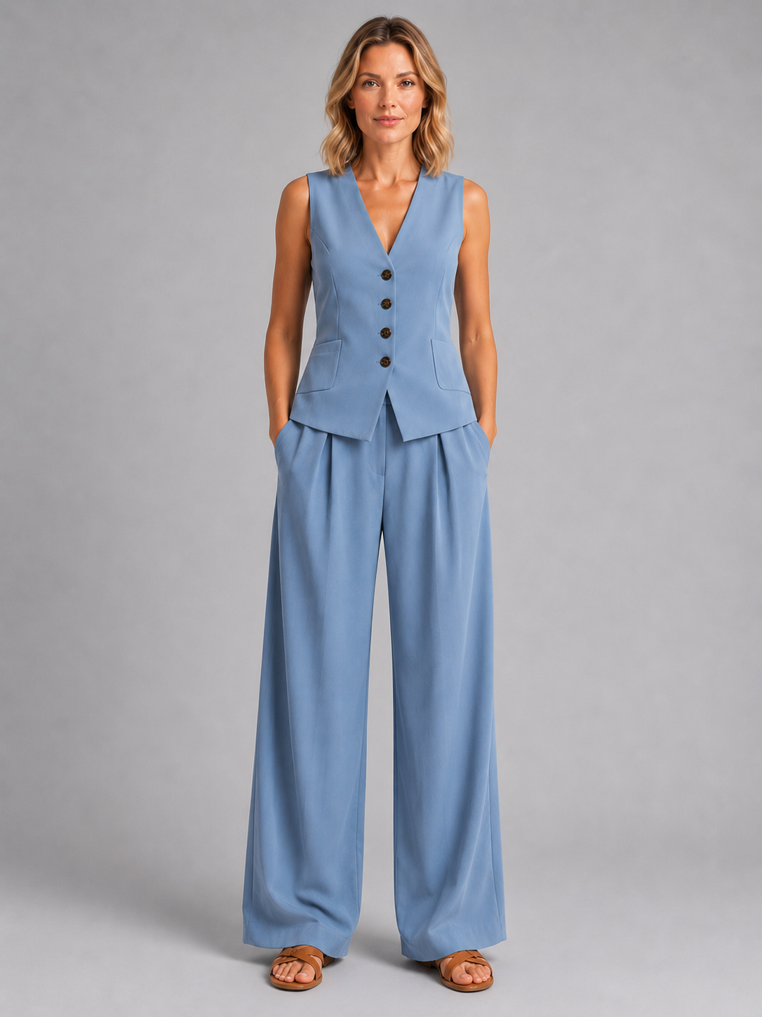 Livia | Women's Sleeveless Waistcoat Two-Piece Set, Wide-Leg Co-Ord