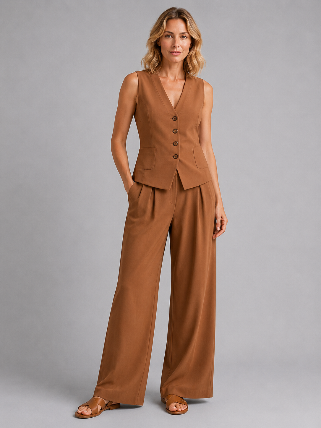 Livia | Women's Sleeveless Waistcoat Two-Piece Set, Wide-Leg Co-Ord
