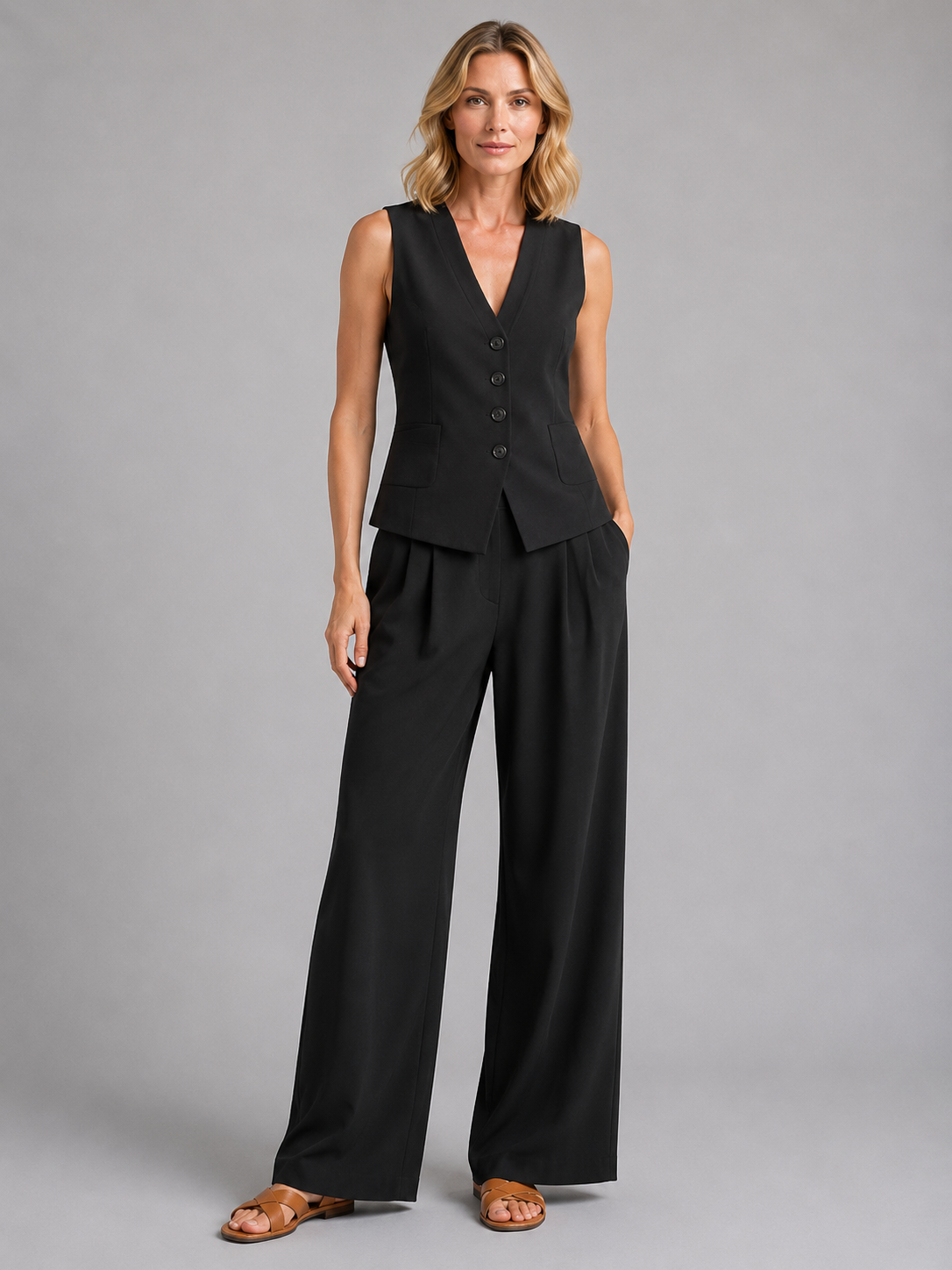 Livia | Women's Sleeveless Waistcoat Two-Piece Set, Wide-Leg Co-Ord