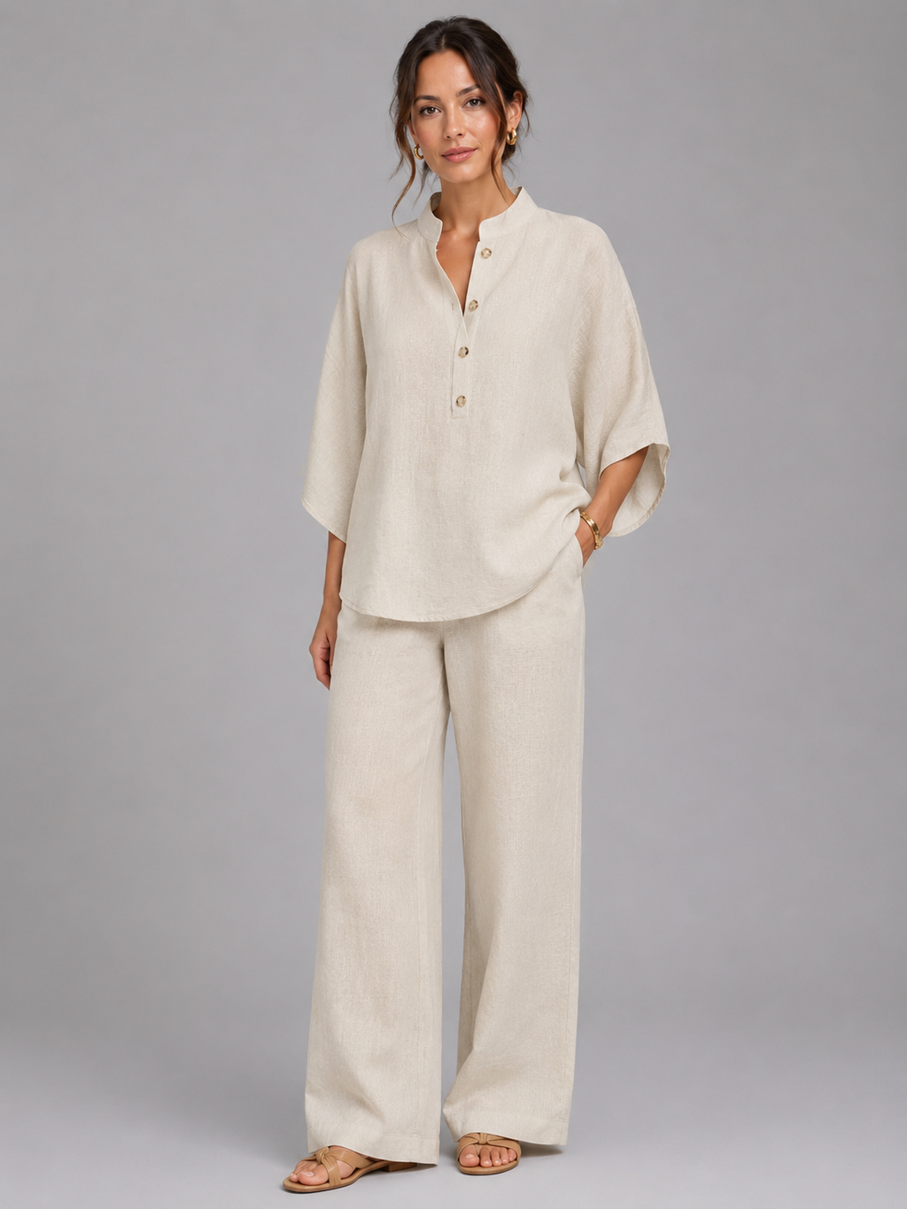 Jolie | Women's Linen Style Two-Piece Set, Relaxed Wide-Leg Co-Ord