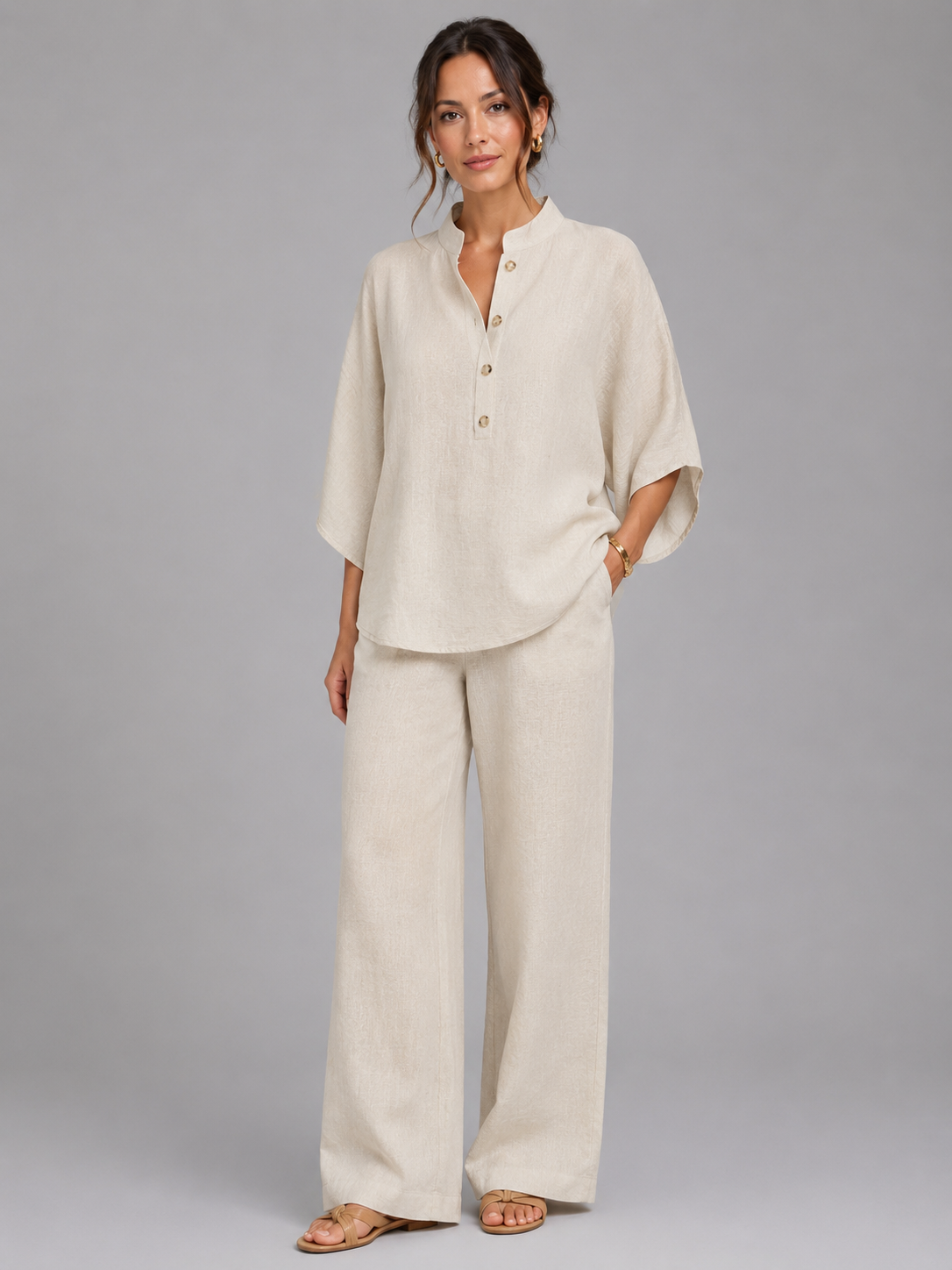 Jolie | Women's Linen Style Two-Piece Set, Relaxed Wide-Leg Co-Ord