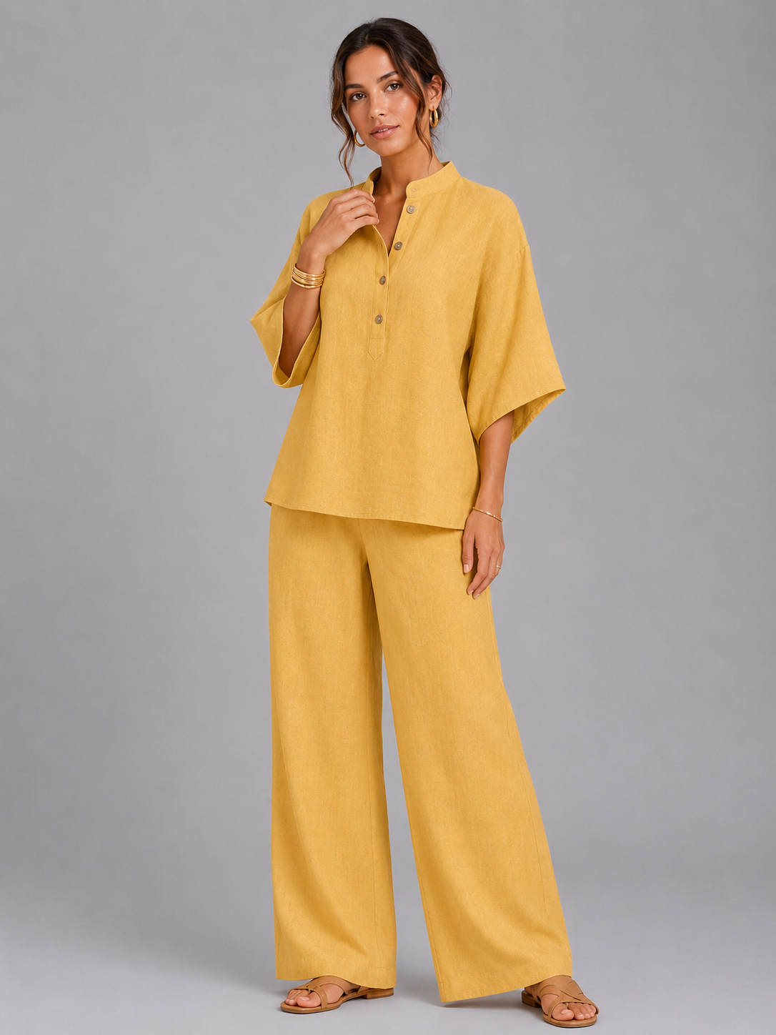 Jolie | Women's Linen Style Two-Piece Set, Relaxed Wide-Leg Co-Ord