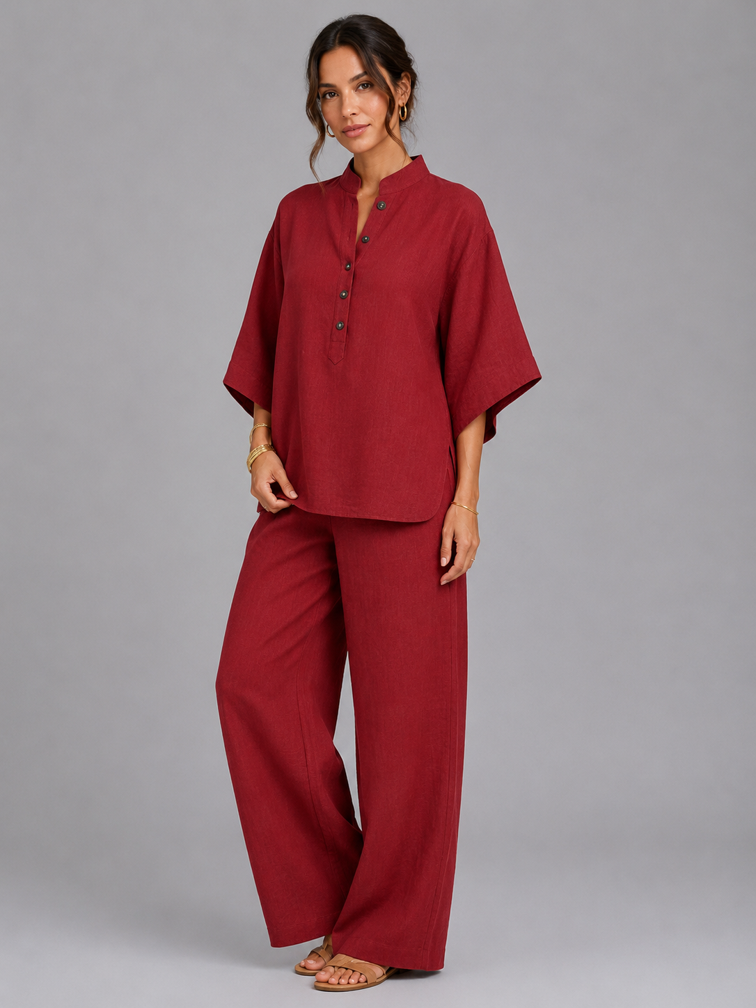 Jolie | Women's Linen Style Two-Piece Set, Relaxed Wide-Leg Co-Ord