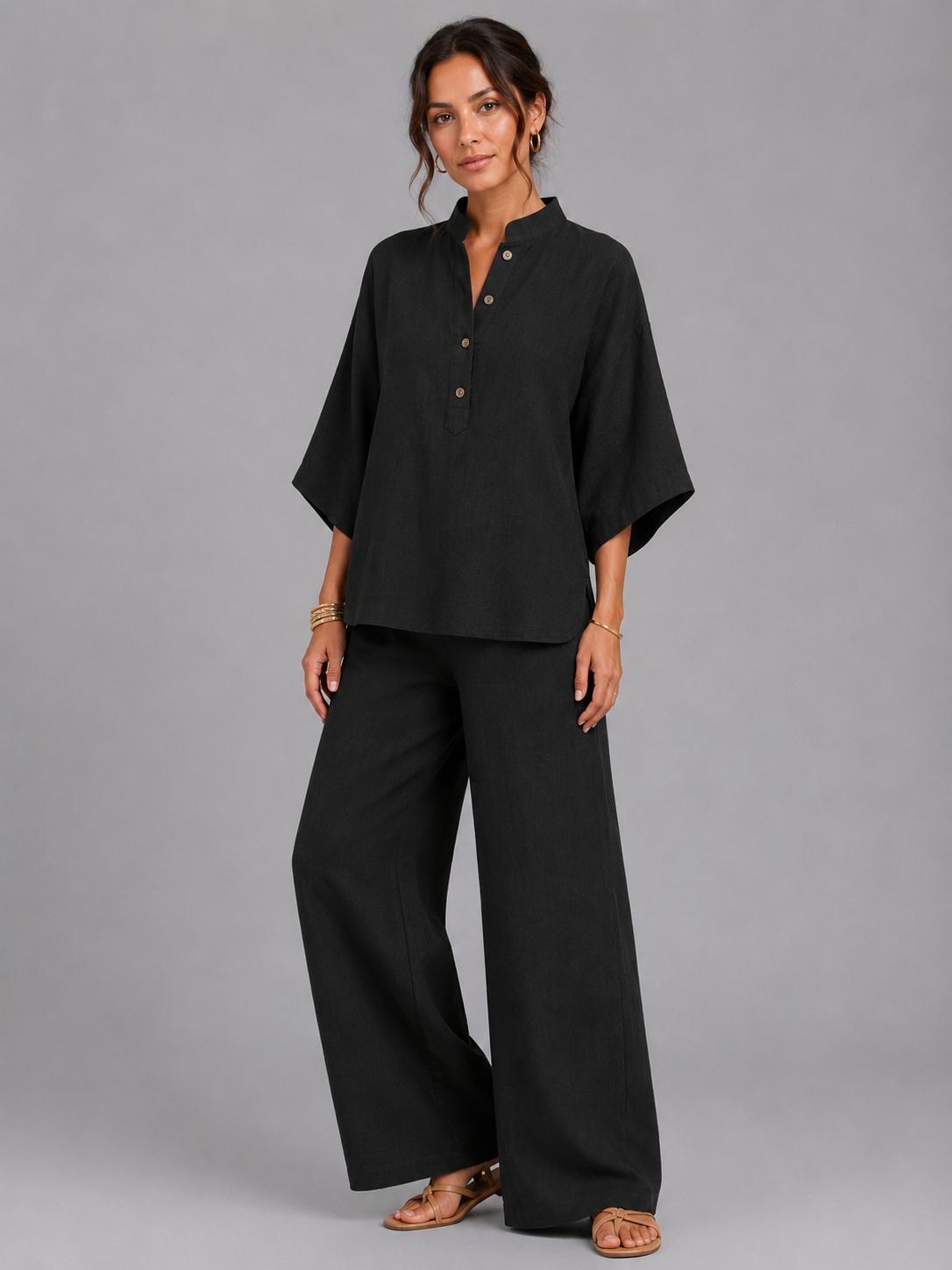 Jolie | Women's Linen Style Two-Piece Set, Relaxed Wide-Leg Co-Ord