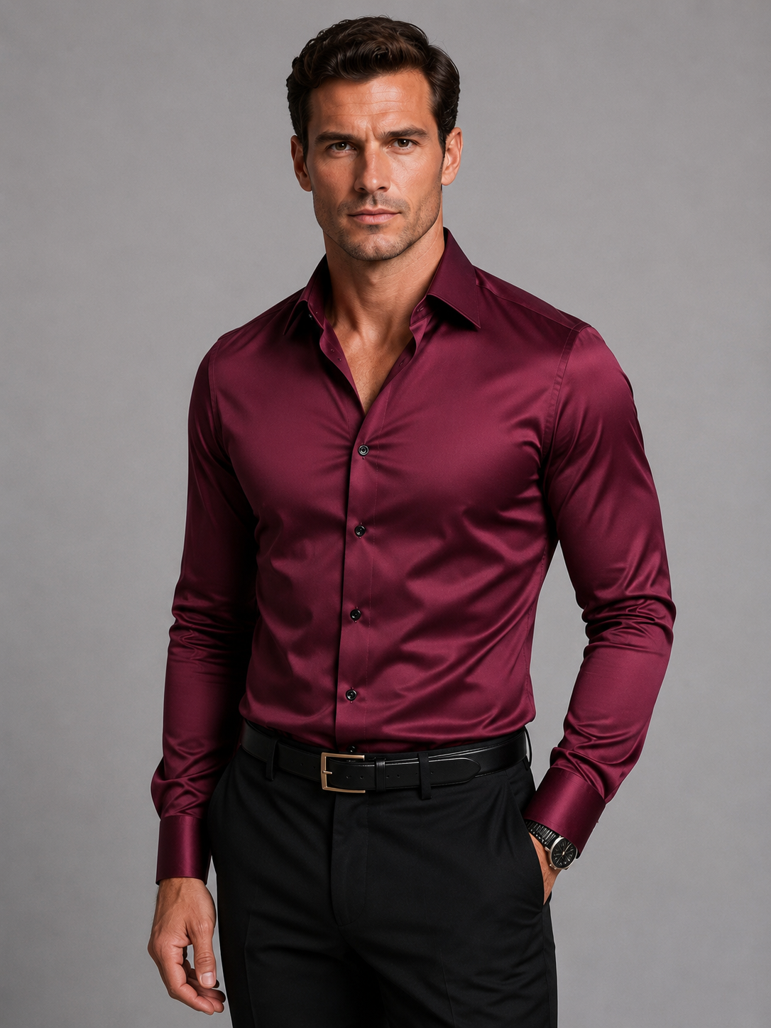 Gideon | Men's Slim Fit Satin Feel Stretch Shirt, Smart Shirt