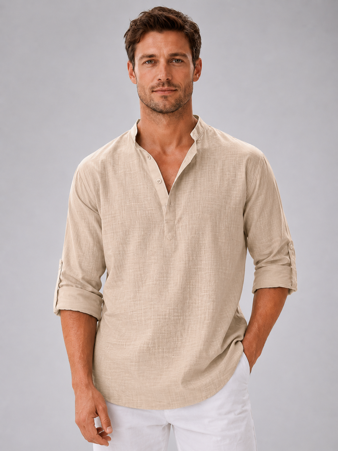 York | Men's Linen Look Stand Collar Shirt, Summer Shirt
