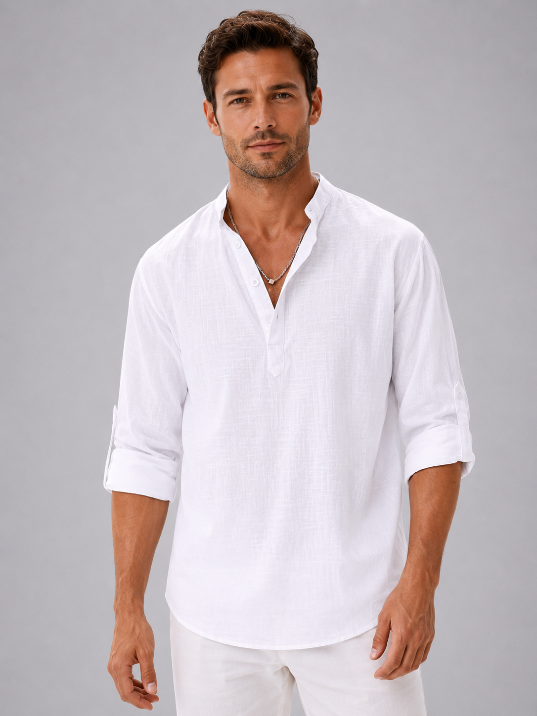 York | Men's Linen Look Stand Collar Shirt, Summer Shirt