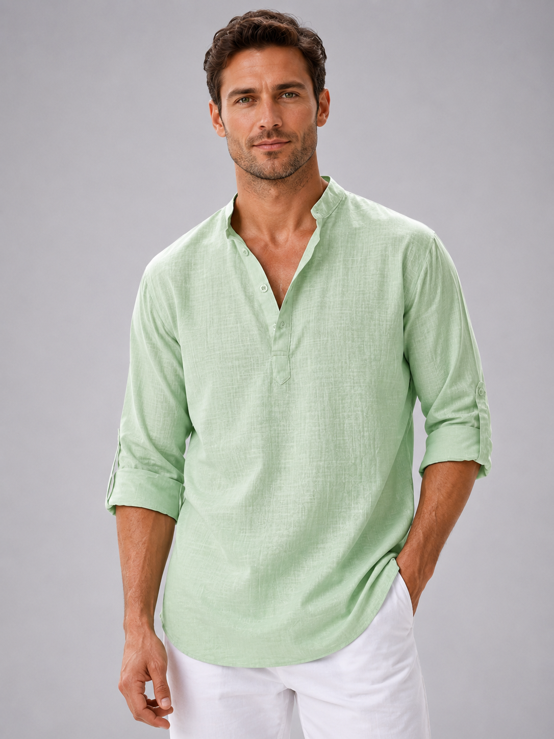 York | Men's Linen Look Stand Collar Shirt, Summer Shirt