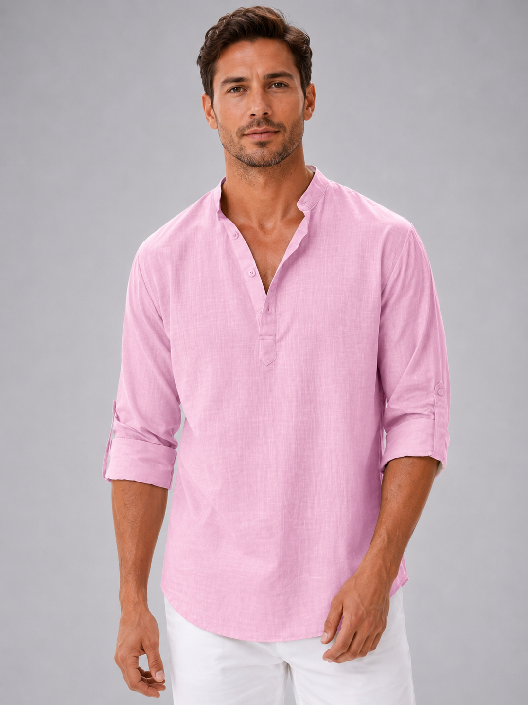 York | Men's Linen Look Stand Collar Shirt, Summer Shirt